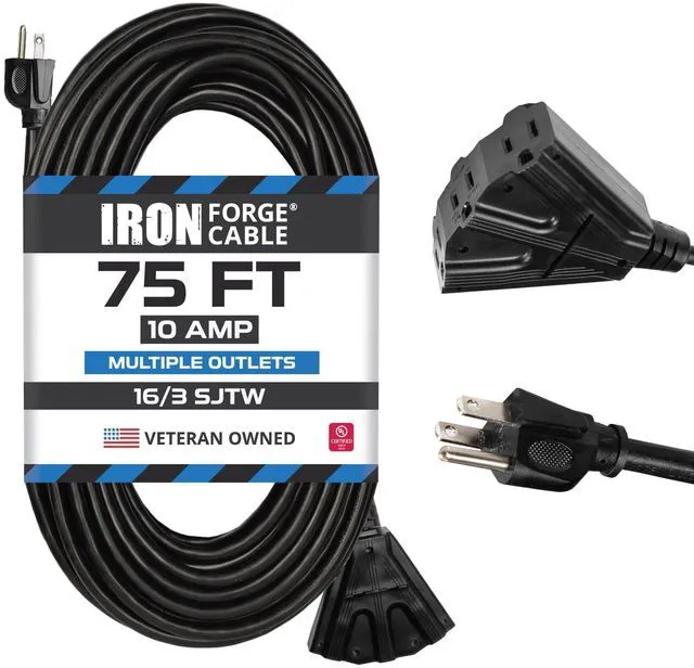 Main image of 16 Gauge Black Extension Cord Multi Outlet, 75 Ft - SJTW 16/3 SJTW Cable, 3 Grounded Outlets, Lighted End, 3 Prong Plug, 13 Amp - For Landscaping, Holiday Lights, Appliances