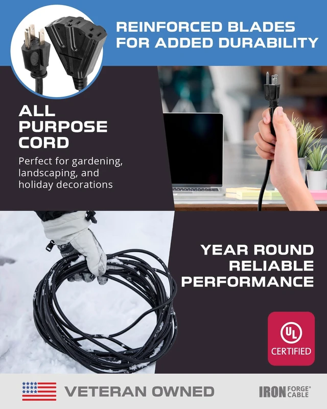 Alt view image 7 of 7 - 16 Gauge Black Extension Cord Multi Outlet, 50 Ft - SJTW 16/3 SJTW Cable, 2 Pack, 3 Grounded Outlets, Lighted End, 3 Prong Plug, 13 Amp - For Landscaping, Holiday Lights, Appliances