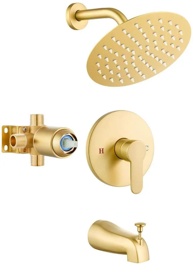 Main image of Shower Faucet Set with Tub Spout,8" Bathtub Faucet-Brushed Gold Male Threads Rough-In Valve,Round Head Shower System,Tub and Shower Kit Set