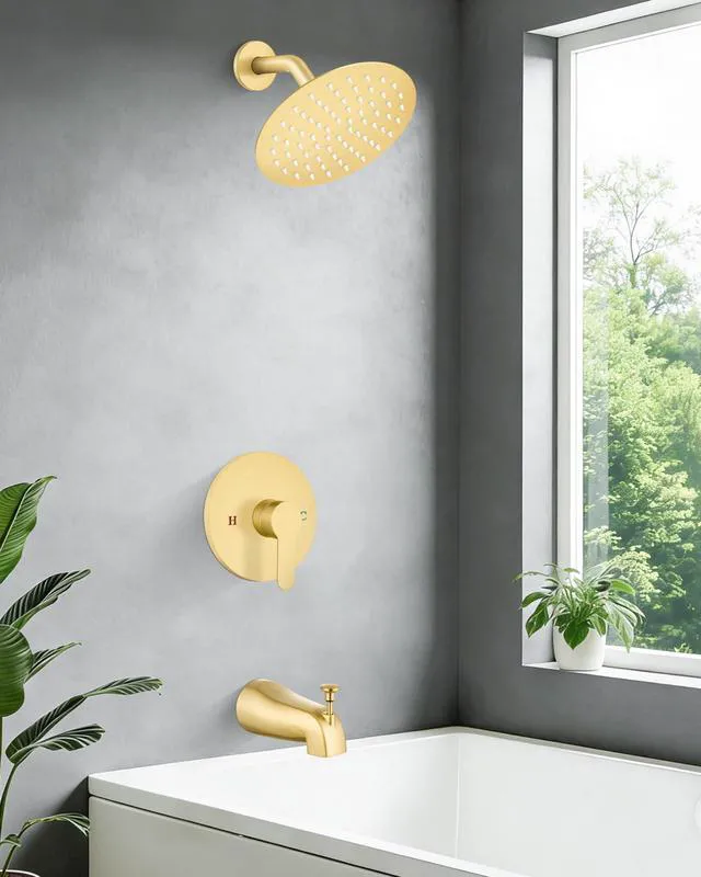 Alt view image 2 of 7 - Shower Faucet Set with Tub Spout,8" Bathtub Faucet-Brushed Gold Male Threads Rough-In Valve,Round Head Shower System,Tub and Shower Kit Set