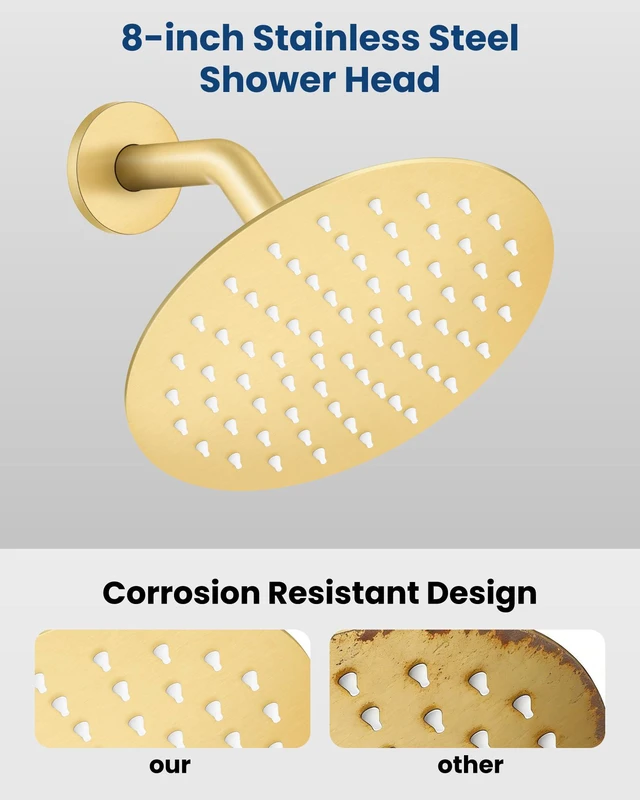 Alt view image 4 of 7 - Shower Faucet Set with Tub Spout,8" Bathtub Faucet-Brushed Gold Male Threads Rough-In Valve,Round Head Shower System,Tub and Shower Kit Set