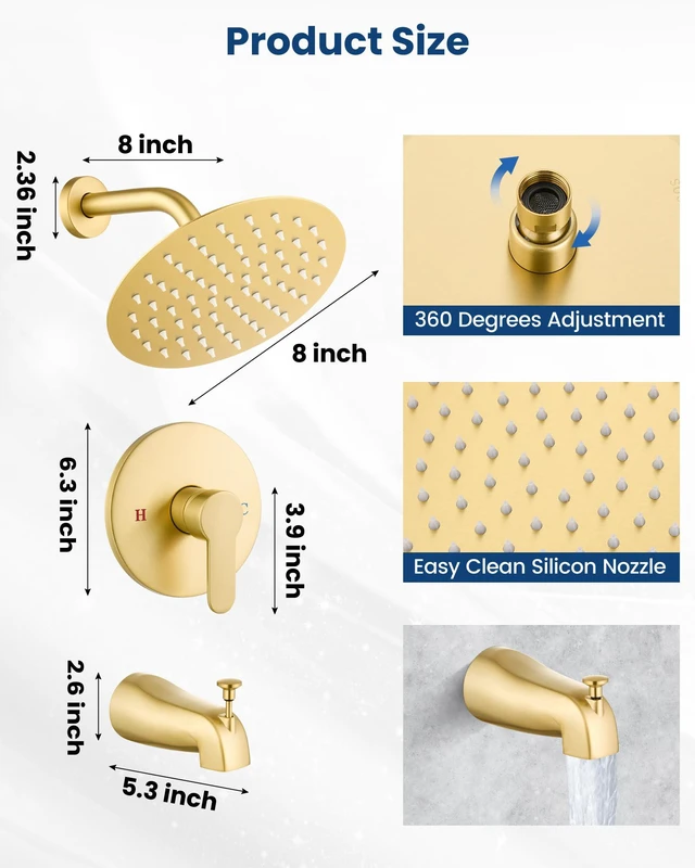 Alt view image 7 of 7 - Shower Faucet Set with Tub Spout,8" Bathtub Faucet-Brushed Gold Male Threads Rough-In Valve,Round Head Shower System,Tub and Shower Kit Set