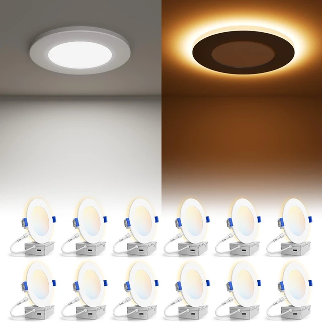 Main image of 12 Pack 4 Inch 5CCT Recessed Light with Night Light, 810LM Canless LED Recessed Lighting 4 inch,2700K-5000K Selectable,9.5W=80W, Dimmable Recessed Ceiling Wafer Light,ETL Certificated