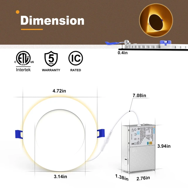 Alt view image 5 of 7 - 12 Pack 4 Inch 5CCT Recessed Light with Night Light, 810LM Canless LED Recessed Lighting 4 inch,2700K-5000K Selectable,9.5W=80W, Dimmable Recessed Ceiling Wafer Light,ETL Certificated