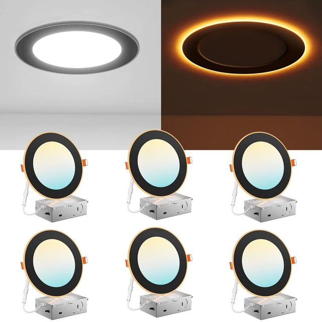 Main image of 6 Pack 6 Inch Black 5CCT LED Recessed Ceiling Light with Night Light 1100 Lumens, 12W Low Power, 5%-100% Smooth Dimming, ETL & FCC Listed, Canless Wafer Downlight, Ultra-Thin Recessed Lighting