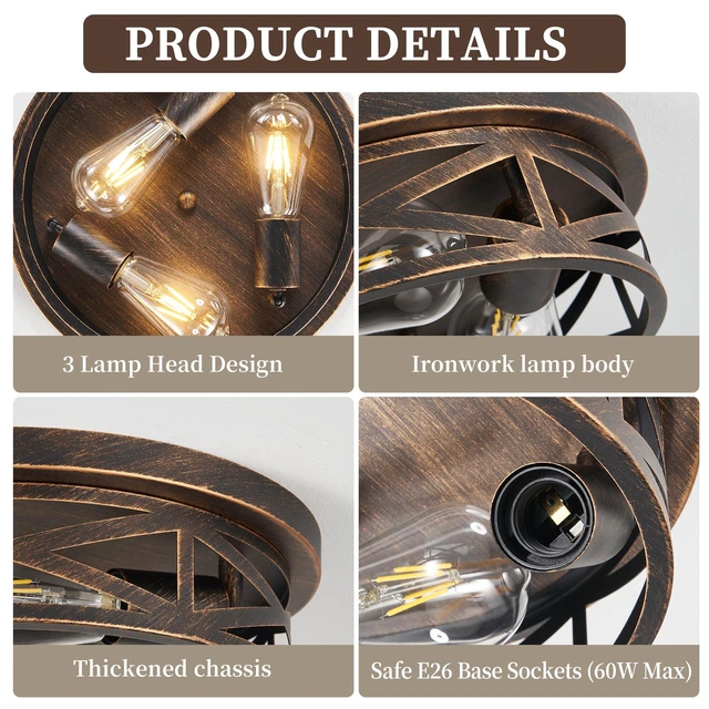Alt view image 5 of 7 - 13 inch Flush Mount Ceiling Light Fixtures,3-Light Modern Hallway Light Fixtures Ceiling, Black Gold Lights Fixture Ceiling Mount for Farmhouse,Kitchen, Bedroom 2 Pack