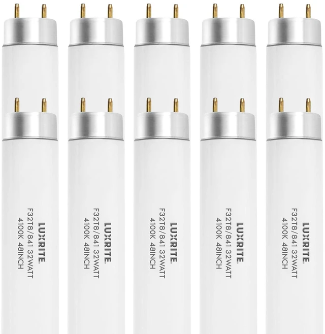 Main image of F32T8/841 32W 48in T8 Fluorescent Tube Light Bulb, 4100K (10 Pack) Cool White, 2800 Lumens, G13 Medium Bi-Pin Base, Model LR20732, 48 Inch Length, 13,000-Hour, 120 Volts
