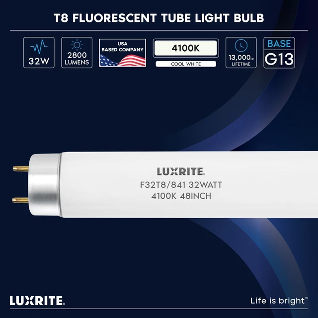Alt view image 5 of 5 - F32T8/841 32W 48 Inch T8 Fluorescent Tube Light Bulb, 4100K Cool White, 2800 Lumens, G13 Medium Bi-Pin Base, LR20732, 6 count (Pack of 1)