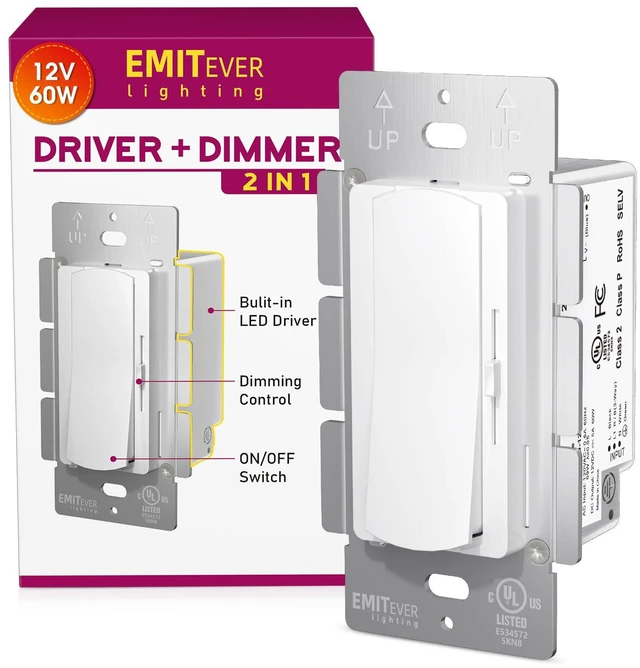 Main image of Dimmer Light Switch & 12V 60W Dimmable LED Driver 2 in UL Listed Single-Pole or 3-Way Slide Switches for Led Strip Lights,120VAC to 12VDC Power Supply for Low Voltage Project Glossy White