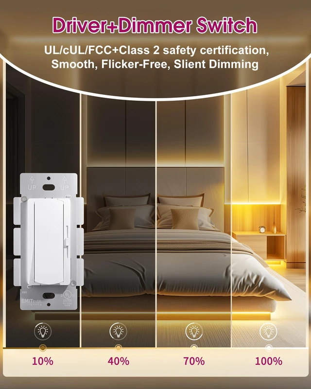 Alt view image 4 of 7 - Dimmer Light Switch & 12V 60W Dimmable LED Driver 2 in UL Listed Single-Pole or 3-Way Slide Switches for Led Strip Lights,120VAC to 12VDC Power Supply for Low Voltage Project Glossy White