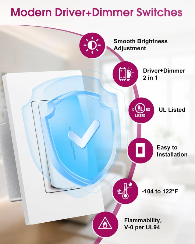 Alt view image 5 of 7 - Dimmer Light Switch & 12V 60W Dimmable LED Driver 2 in UL Listed Single-Pole or 3-Way Slide Switches for Led Strip Lights,120VAC to 12VDC Power Supply for Low Voltage Project Glossy White