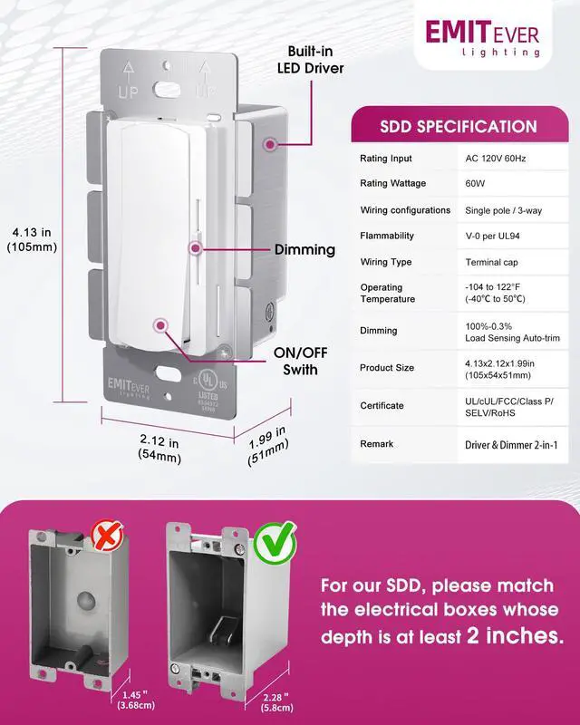 Alt view image 6 of 7 - Dimmer Light Switch & 12V 60W Dimmable LED Driver 2 in UL Listed Single-Pole or 3-Way Slide Switches for Led Strip Lights,120VAC to 12VDC Power Supply for Low Voltage Project Glossy White
