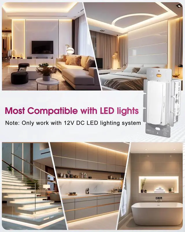 Alt view image 7 of 7 - Dimmer Light Switch & 12V 60W Dimmable LED Driver 2 in UL Listed Single-Pole or 3-Way Slide Switches for Led Strip Lights,120VAC to 12VDC Power Supply for Low Voltage Project Glossy White