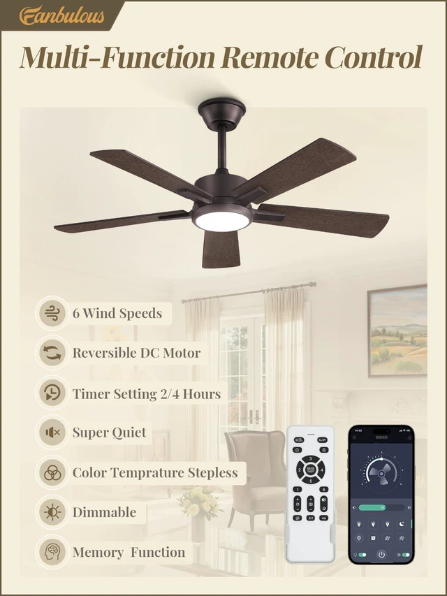 Alt view image 4 of 7 - 42 Inch Oil Bronze Ceiling Fan with Light, Remote & APP Control Stepless CCT & Dimmable, 20W LED, 6-Speed, Timer, Reversible Quiet DC Motor, Quick Setup, for Bedroom, Living Room, Apartment