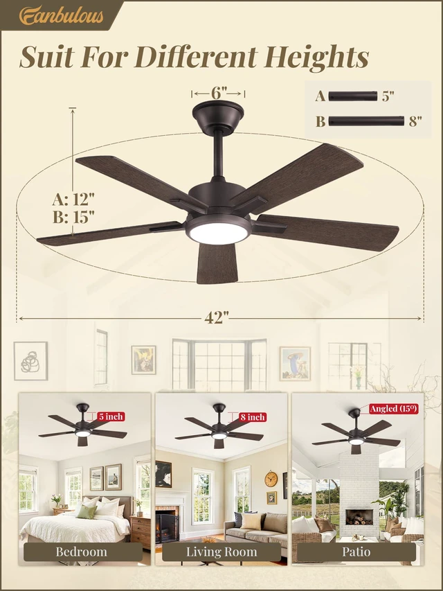 Alt view image 7 of 7 - 42 Inch Oil Bronze Ceiling Fan with Light, Remote & APP Control Stepless CCT & Dimmable, 20W LED, 6-Speed, Timer, Reversible Quiet DC Motor, Quick Setup, for Bedroom, Living Room, Apartment