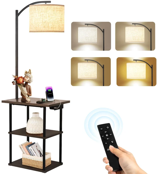 Main image of Floor Lamp with Table & Remote, End Table with Charging Station USB, Type-C & AC Outlet; 4 Color Temperatures 9W LED Bulb, 5%-100% Dimming, Memory, 3 Shelves for Living Room, Bedroom