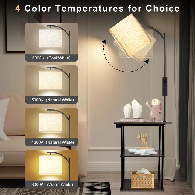 Alt view image 2 of 6 - Floor Lamp with Table & Remote, End Table with Charging Station USB, Type-C & AC Outlet; 4 Color Temperatures 9W LED Bulb, 5%-100% Dimming, Memory, 3 Shelves for Living Room, Bedroom
