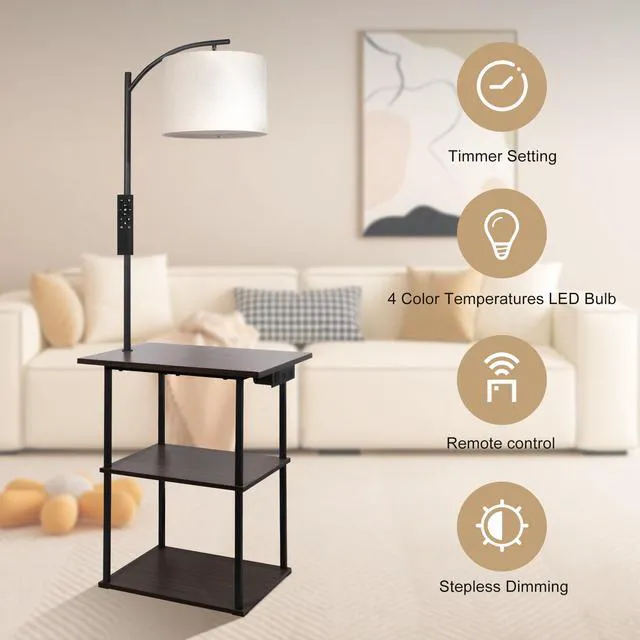 Alt view image 4 of 6 - Floor Lamp with Table & Remote, End Table with Charging Station USB, Type-C & AC Outlet; 4 Color Temperatures 9W LED Bulb, 5%-100% Dimming, Memory, 3 Shelves for Living Room, Bedroom