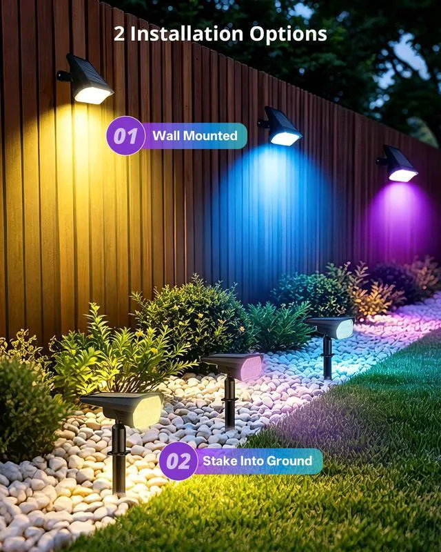 Alt view image 7 of 7 - Solar Color Changing RGB Lights IP65 Waterproof, 56 LED 8 Lighting Modes Solar Spotlights, Landscape Lights for Yard Garden Pathway Holiday Decor, 6 Pack (Multicolor)