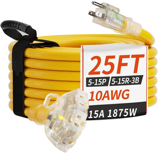 Main image of 25 FT 10 Gauge Outdoor Extension Cord with Multiple Outlets Yellow Light Indicator, Flexible 3 Outlet Weatherproof Heavy Duty Extension Cord Waterproof 25 Feet, 15A 1875W SJTW, ETL Listed