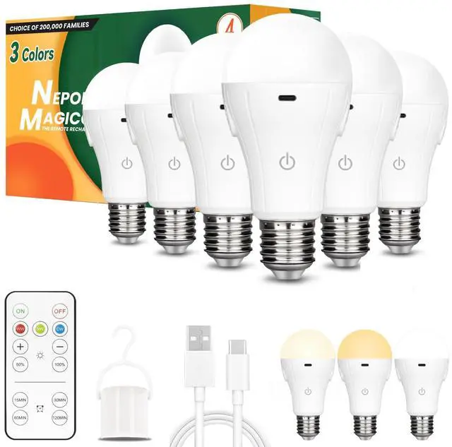 Main image of MagicGlow Rechargeable Light Bulbs with Remote, 3 Colors Shift + Stepless Dimmable Battery Light Bulbs, USB Rechargeable, A19, Up to 24 Hours