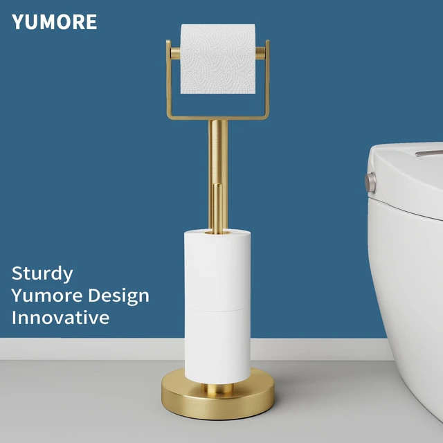 Alt view image 2 of 7 - Toilet Paper Holder Stand with Storage Weighted Base, Gold Bathroom Floor Toilet Paper Roll Holder Free Standing for 3 Rolls, Bath Stainless Steel Extra Tissue Holder