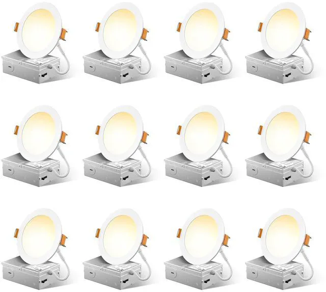 Main image of 12 Pack 4 Inch LED Recessed Light with Junction Box, 5CCT, 700LM 10W, 2700K-5000K Selectable, 5%-100% Dimmable, 120V, White, Ultra-Thin Canless Wafer Downlight, ETL, FCC, IC & Damp Rated