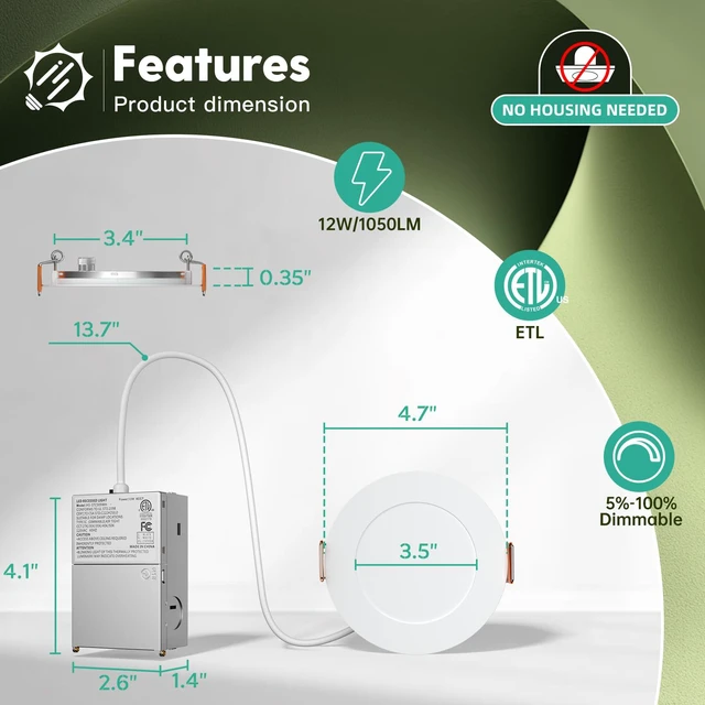 Alt view image 5 of 7 - 12 Pack 4 Inch LED Recessed Light with Junction Box, 5CCT, 700LM 10W, 2700K-5000K Selectable, 5%-100% Dimmable, 120V, White, Ultra-Thin Canless Wafer Downlight, ETL, FCC, IC & Damp Rated