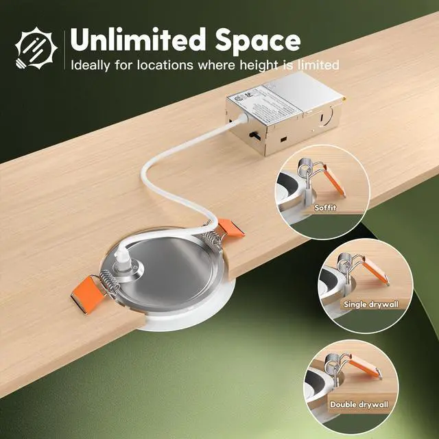 Alt view image 4 of 7 - 12 Pack 4 Inch LED Recessed Light with Junction Box, 5CCT, 700LM 10W, 2700K-5000K Selectable, 5%-100% Dimmable, 120V, White, Ultra-Thin Canless Wafer Downlight, ETL, FCC, IC & Damp Rated