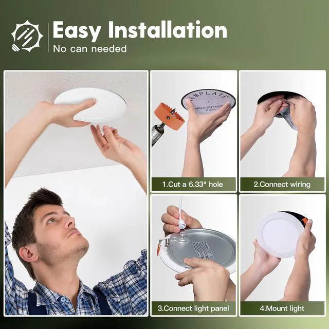 Alt view image 6 of 7 - 12 Pack 4 Inch LED Recessed Light with Junction Box, 5CCT, 700LM 10W, 2700K-5000K Selectable, 5%-100% Dimmable, 120V, White, Ultra-Thin Canless Wafer Downlight, ETL, FCC, IC & Damp Rated