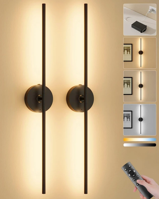 Main image of Battery Operated Wall Sconces Set of 2, Remote Control, 8000mAh, Black Wireless Rechargeable 3000-6000K Dimmable 350° Rotate Wall Light for Living Room Bedroom TV Wall Mirror 31.6in