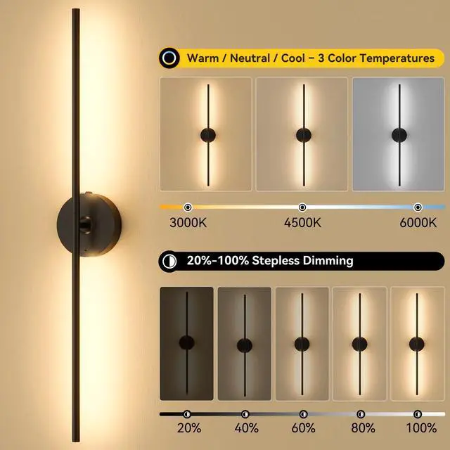 Alt view image 2 of 7 - Battery Operated Wall Sconces Set of 2, Remote Control, 8000mAh, Black Wireless Rechargeable 3000-6000K Dimmable 350° Rotate Wall Light for Living Room Bedroom TV Wall Mirror 31.6in