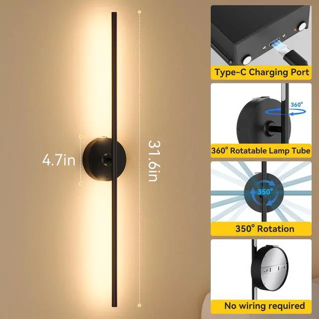 Alt view image 5 of 7 - Battery Operated Wall Sconces Set of 2, Remote Control, 8000mAh, Black Wireless Rechargeable 3000-6000K Dimmable 350° Rotate Wall Light for Living Room Bedroom TV Wall Mirror 31.6in