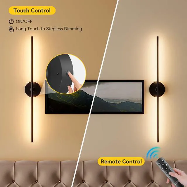 Alt view image 6 of 7 - Battery Operated Wall Sconces Set of 2, Remote Control, 8000mAh, Black Wireless Rechargeable 3000-6000K Dimmable 350° Rotate Wall Light for Living Room Bedroom TV Wall Mirror 31.6in