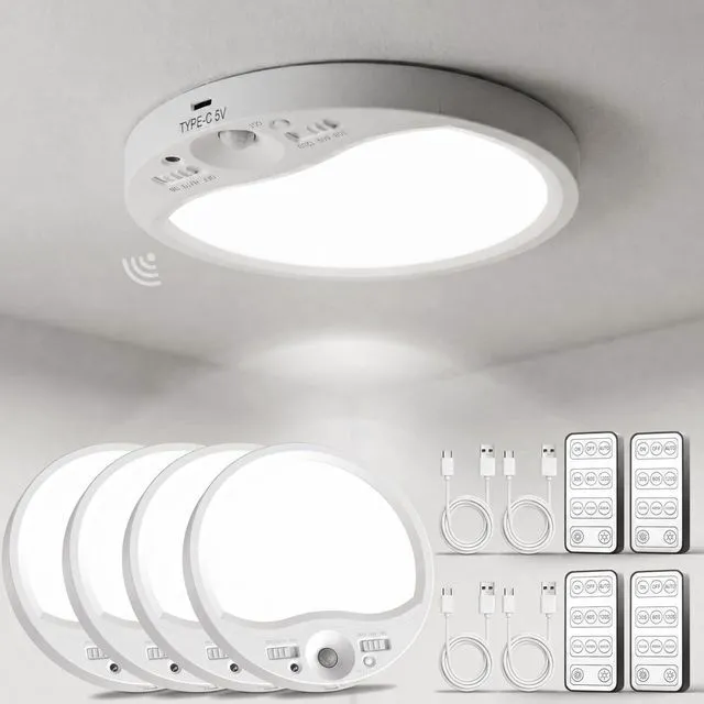 Main image of Rechargeable Motion Sensor Ceiling Light Indoor with Remote, 4 Pack Wireless LED Shower Light, 8000mAh Battery Long Lasting Closet Light, 3 Color Dimmable, Timer, No Wiring for Hallway Pantry