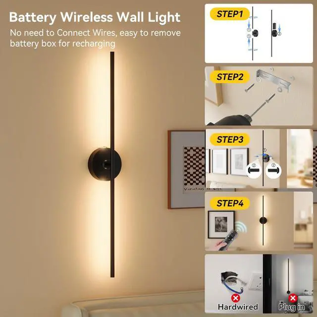 Alt view image 4 of 7 - Battery Operated Wall Sconces Set of 2, Remote Control, 8000mAh, Black Wireless Rechargeable 3000-6000K Dimmable 350° Rotate Wall Light for Living Room Bedroom TV Wall Mirror 31.6in