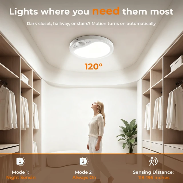 Alt view image 2 of 7 - Rechargeable Motion Sensor Ceiling Light Indoor with Remote, 4 Pack Wireless LED Shower Light, 8000mAh Battery Long Lasting Closet Light, 3 Color Dimmable, Timer, No Wiring for Hallway Pantry