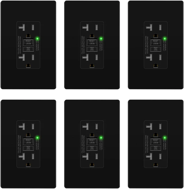 Main image of GFCI Outlet 20Amp, GFCI Receptacle, ETL Listed, Matte Black, 6-Pack Tamper-Resistant Receptacle, LED Indicator, Screwless Wall Plate, Thermoplastic, No-False-Trip, Matte Black
