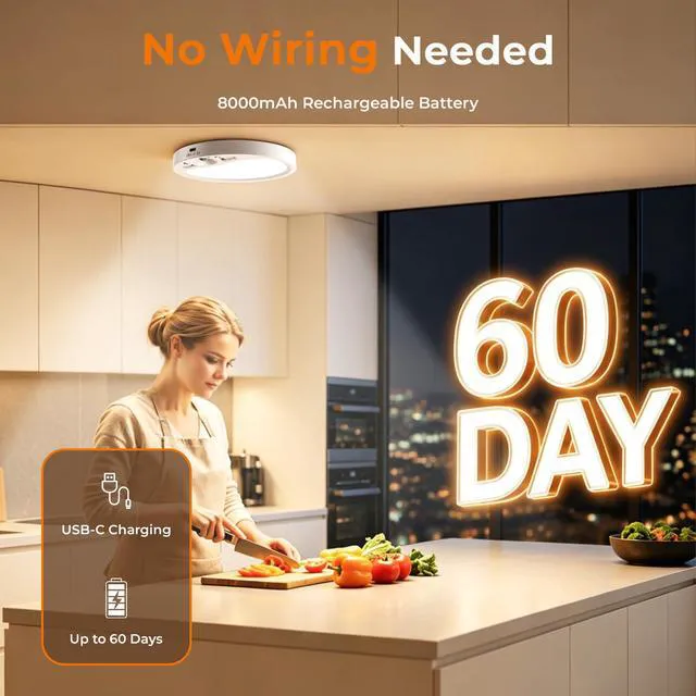 Alt view image 4 of 7 - Rechargeable Motion Sensor Ceiling Light Indoor with Remote, 4 Pack Wireless LED Shower Light, 8000mAh Battery Long Lasting Closet Light, 3 Color Dimmable, Timer, No Wiring for Hallway Pantry