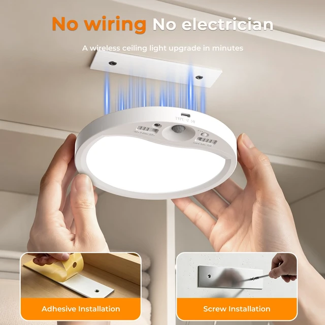 Alt view image 5 of 7 - Rechargeable Motion Sensor Ceiling Light Indoor with Remote, 4 Pack Wireless LED Shower Light, 8000mAh Battery Long Lasting Closet Light, 3 Color Dimmable, Timer, No Wiring for Hallway Pantry