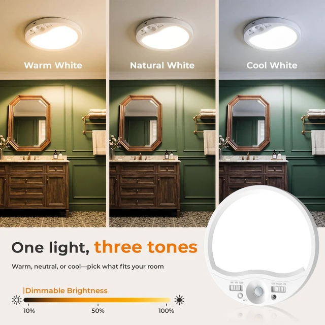 Alt view image 6 of 7 - Rechargeable Motion Sensor Ceiling Light Indoor with Remote, 4 Pack Wireless LED Shower Light, 8000mAh Battery Long Lasting Closet Light, 3 Color Dimmable, Timer, No Wiring for Hallway Pantry