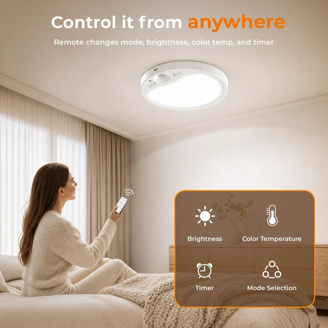 Alt view image 7 of 7 - Rechargeable Motion Sensor Ceiling Light Indoor with Remote, 4 Pack Wireless LED Shower Light, 8000mAh Battery Long Lasting Closet Light, 3 Color Dimmable, Timer, No Wiring for Hallway Pantry