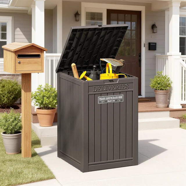 Alt view image 7 of 7 - Package Delivery Box for Outside, Brown Secure Lockable, Waterproof, Resin, for Porch & Garden