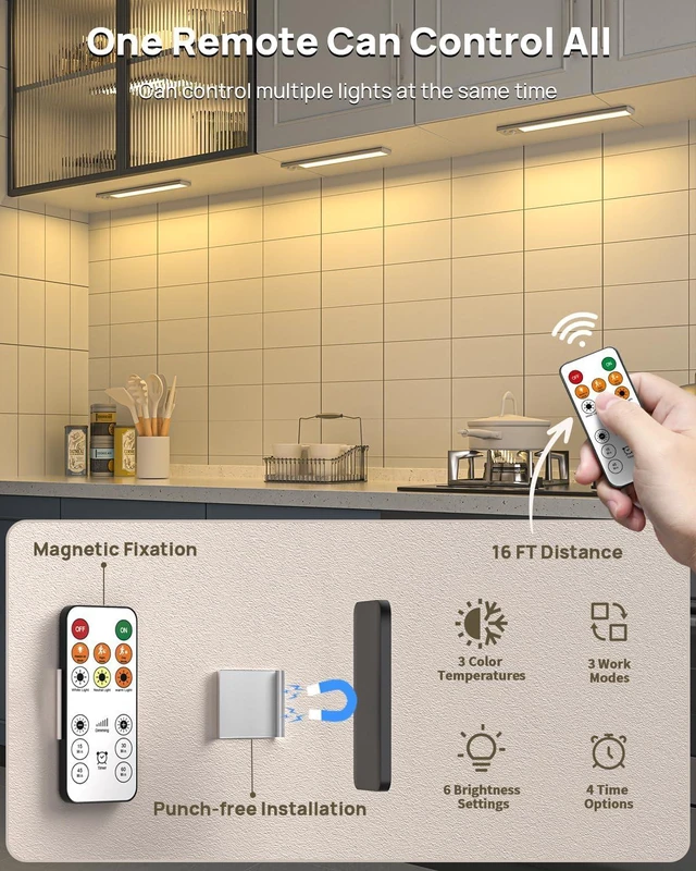 Alt view image 3 of 7 - 8 Pack Under Cabinet Lighting Rechargeable 12 Motion Sensor Light Indoor 2500mAh Closet Lights Wireless, 3 Color Temps & Dimmable, Timer, Magnetic Under Counter Lights for Kitchen, Wardrobe, Stairs
