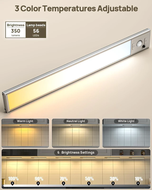 Alt view image 4 of 7 - 8 Pack Under Cabinet Lighting Rechargeable 12 Motion Sensor Light Indoor 2500mAh Closet Lights Wireless, 3 Color Temps & Dimmable, Timer, Magnetic Under Counter Lights for Kitchen, Wardrobe, Stairs