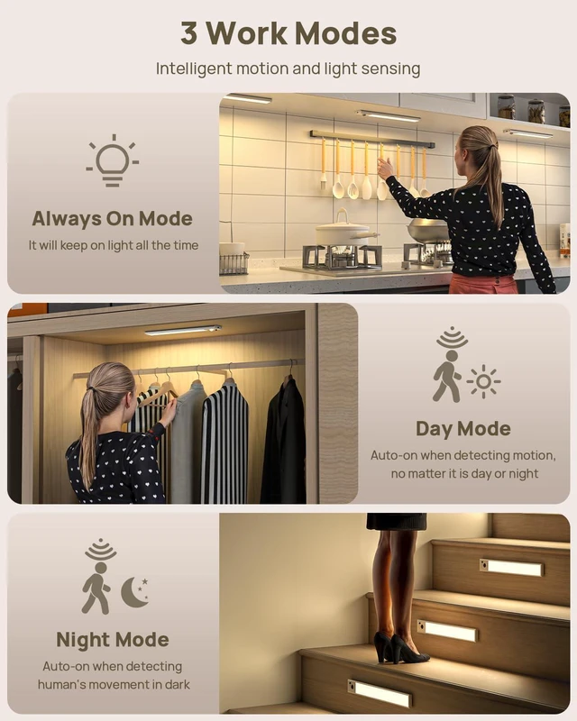 Alt view image 6 of 7 - 8 Pack Under Cabinet Lighting Rechargeable 12 Motion Sensor Light Indoor 2500mAh Closet Lights Wireless, 3 Color Temps & Dimmable, Timer, Magnetic Under Counter Lights for Kitchen, Wardrobe, Stairs