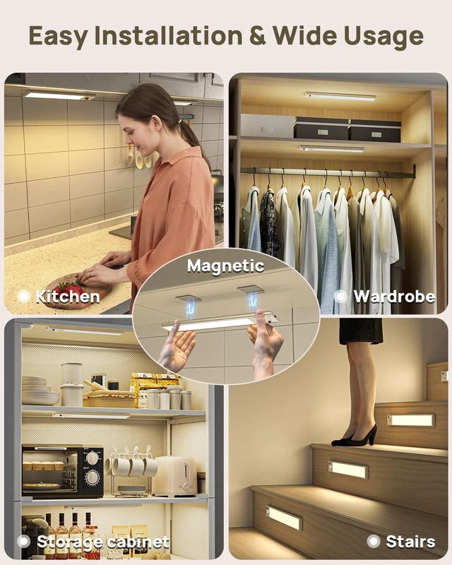 Alt view image 7 of 7 - 8 Pack Under Cabinet Lighting Rechargeable 12 Motion Sensor Light Indoor 2500mAh Closet Lights Wireless, 3 Color Temps & Dimmable, Timer, Magnetic Under Counter Lights for Kitchen, Wardrobe, Stairs