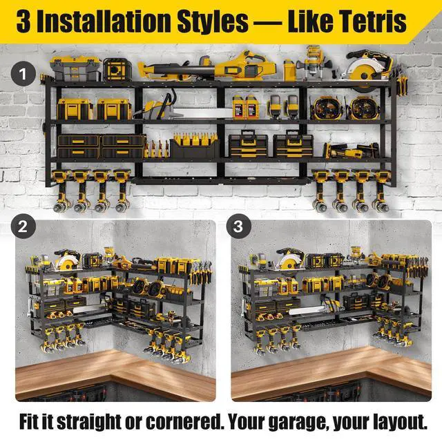 Alt view image 2 of 7 - XLarge 64''W Power Tool Organizer Wall Mount, 4-Tier 820lb Capacity | Modular&Corner-Fit | 8 Cordless Drill Holder Garage Storage Rack | Workshop Organization