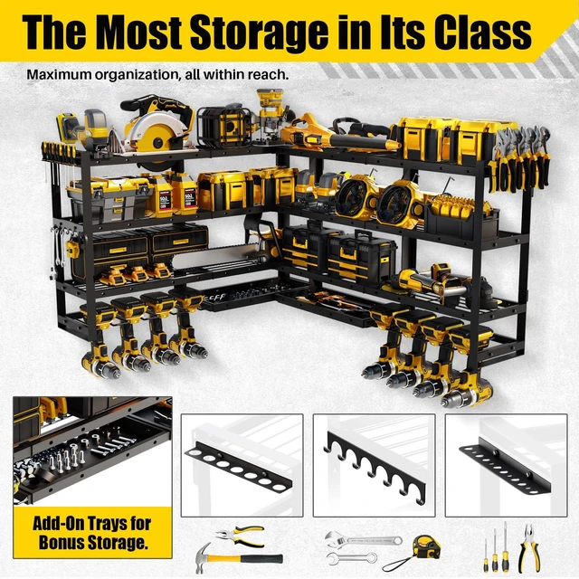 Alt view image 5 of 7 - XLarge 64''W Power Tool Organizer Wall Mount, 4-Tier 820lb Capacity | Modular&Corner-Fit | 8 Cordless Drill Holder Garage Storage Rack | Workshop Organization