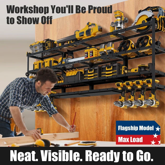 Alt view image 7 of 7 - XLarge 64''W Power Tool Organizer Wall Mount, 4-Tier 820lb Capacity | Modular&Corner-Fit | 8 Cordless Drill Holder Garage Storage Rack | Workshop Organization